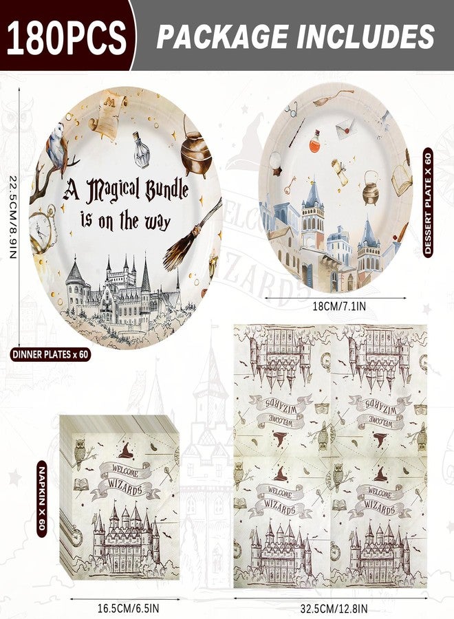 Dhnvcud 180PCS Magical Party Supplies Serve 60,Magical Wizard Paper Plates and Napkins Kit for Boys And Girls Happy Birthday Baby Shower Party,Includes Dinner and Dessert Plates, Napkins - Image 2